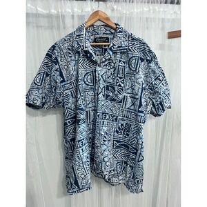 Favant Mens 3XL Hawaiian Shirt Blue White Batik Tribal Geometric Cotton Aloha